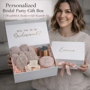 Taniri Personalized Female Bridal Gift Box Set - Custom 4-Item Pack with Initials Print Slippers, Pearl Wine Tumbler, Jewelry Box, Scrunchie - Ready-to-Gift for Bridesmaids Proposal Parties