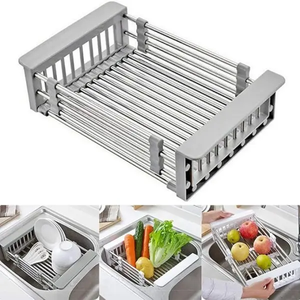 Dish Drying Rack, Over The Sink Dish Drying Rack, Stainless Steel Dish Drainer with Adjustable Arms Holder Functional Kitchen Sink Organizer for Vegetable and Fruit