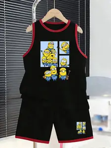 Summer Boys' Sportswear Set, Minions Cartoon Collection, Sleeveless Vest & Short Pants Two-Piece, Breathable Comfort, Casual Style