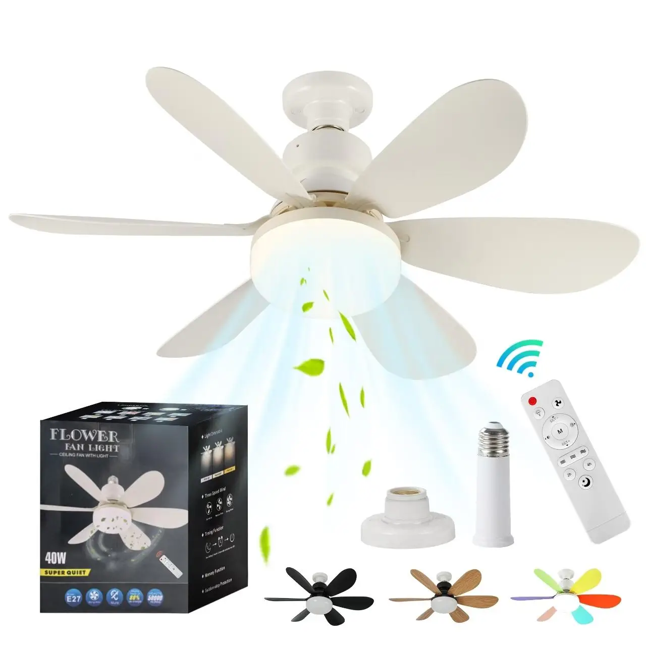 40W Socket Ceiling Fan Light with Remote, Indoor Lighting, E27 Base Dimmable LED Ceiling Bulb Lamps with 3-Speed Wind Adjustment, Home Modern Mood Lig