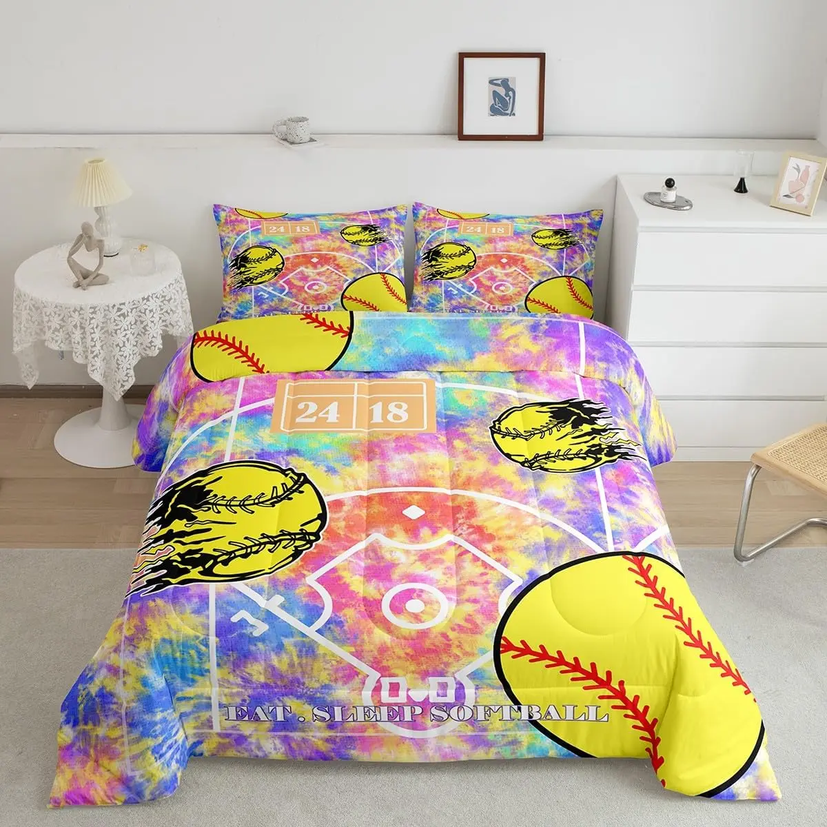 Feelyou Tie-Dye Softball Printed Microfiber Bedding Set - Kid Boys' Soft Breathable Machine Washable Bedding, Ball Games Themed Room Decor, Soft Comfy Blanket Duvet Set