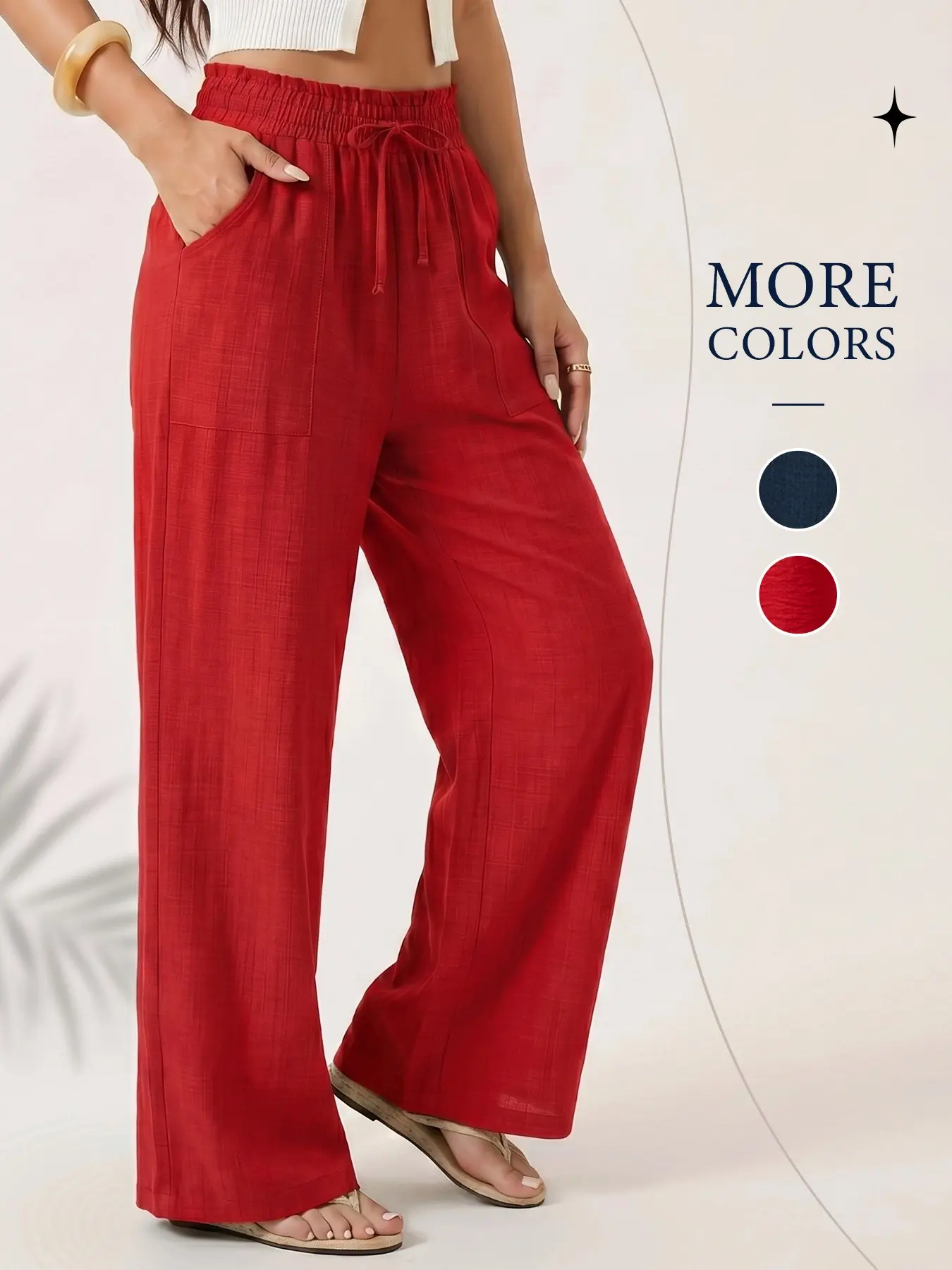 Women's Wide Leg Basic Pants with Pocket Adjustable Drawstring High Waisted Smocked Elastic Waist Palazzo Trousers Loose Baggy Flowy Oversized Casual Sport Pants with Ruffle Trim Bottom