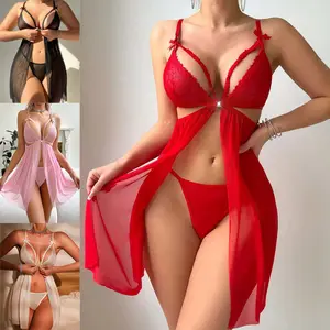 Womens Sexy Lingerie Set Chemise Lace Sheer Dress Open Front Dress Babydoll Underwear