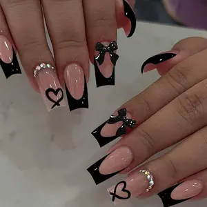 24pcs French Manicure Nail Art Set, DIY Nails, Sweet Cool Rhinestone Decorated Heart Pattern & 3D Bow Design, Sparkly Rhinestones, Water Drill Press-On Nails, Glitter Nails for Party & Daily Wear