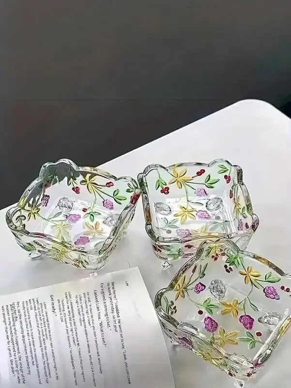 Handmade Vintage Floral Glass Ashtray - European French Country Rectangular Indoor Home Decor Accessory, Casual Desktop Organizer Box with No Extra Bulk Multi-Storage Functionality, Creative And Cute