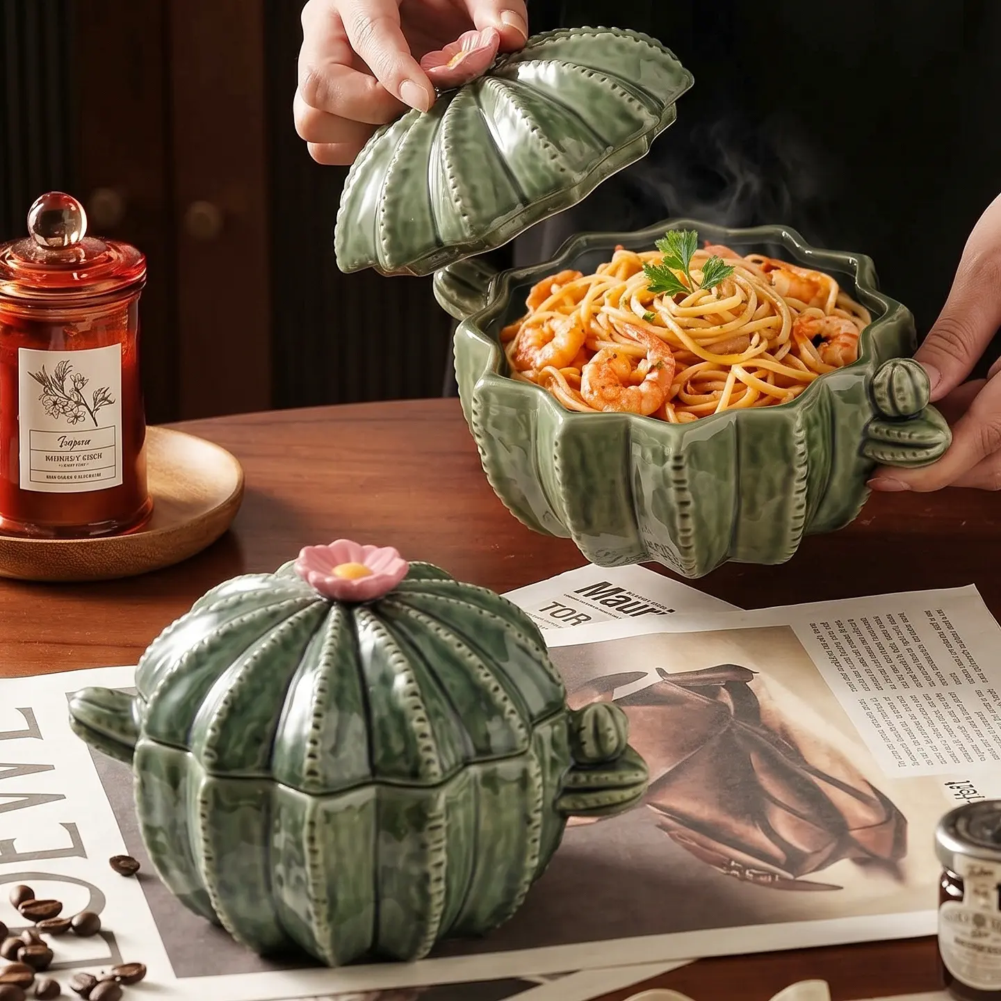 HongDian Green Cactus Lidded Soup Pot - 8.5 in 32oz 950ml Double-Handle Ceramic Soup Bowl, SGS-Tested Underglaze Fade-Resistant Microwave Pots, Dishwasher/Oven/Sterilizer-Safe Premium Cookware for Daily Meals Baby Food, 8.5\ Cactus Lidded Soup Bowl