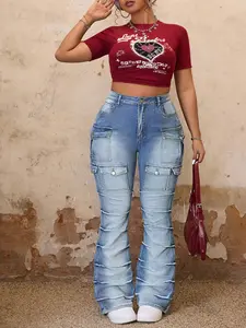 Plus Size Women's Multi-Pocket Ruffled Denim Straight Leg Pants, Casual Fashion Jeans for Spring & Fall, Comfortable and Stylish