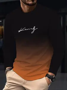 Men's Casual Classic Streetwear Long Sleeve T-Shirt, Gradient Color, Polyester Material, Round Neck, Letter Print Design, Fall & Winter