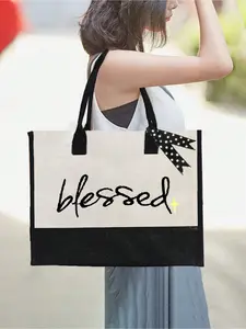 A set of black and white canvas handbags adorned with blessings and cross patterns, equipped with shoulder straps, makeup bag, toiletry bag, coin purse, and makeup bag, making it a personalized birthday gift for women