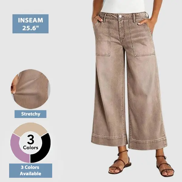 Flamingals Wash Patch Pocket Wide Leg Mid Rise Crop Pants Stretchy 25.6'' Inseam
