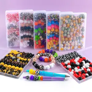 117PCS Mixed Leopard Sunflower Cow Printed Silicone Beads for Keychain Making, Rhinestone Spacer Hexagon Lentil Silicone Beads for Pens DIY Crafts beads  pack