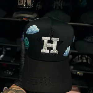 2026 Dandy Hats - Dias Nublados Black Baseball Cap with Rhinestone Lettering and Cloud Embellishments for Stylish Look