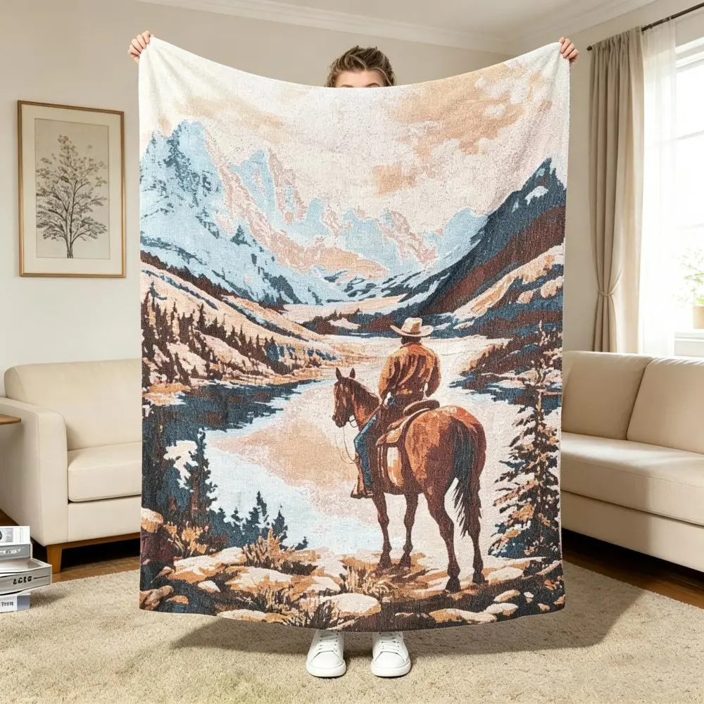 Western Cowboy-Patterned Jacquard Throw Blanket, Vintage Bohemian Style Woven Tapestry for Sofa Couch, Thick Breathable Cotton-Blend Yarn for Home Decor, Bed, Outdoor Camping, Fade-Resistant & Non-Pilling Soft Knitted Throw
