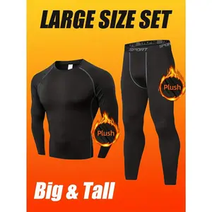 Men's Plus Size Athletic Thermal Set - Quick-Dry Fleece Top & High-Stretch Breathable Compression Leggings for Outdoor Sports & Home Warmth, PLUS SIZE