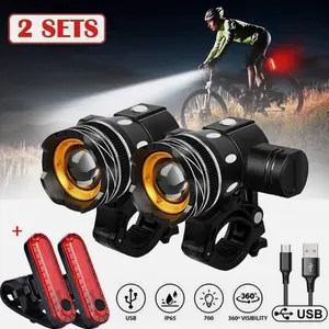 2 Sets USB Rechargeable LED Bicycle Headlight & Rear Lamp 3 Modes Water Resistant Cycling Lights for All Bikes