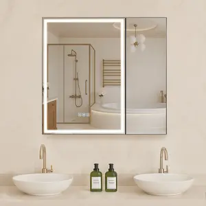 VEVOR Bathroom Storage Cabinet with Mirror, 30x28 in Recessed/Wall-Mount KR-303 Model, 3-Color Dimmable LED, HD Tempered Glass, Adjustable Shelf, Anti-Fog Touch Memory Function, Built-In Sockets
