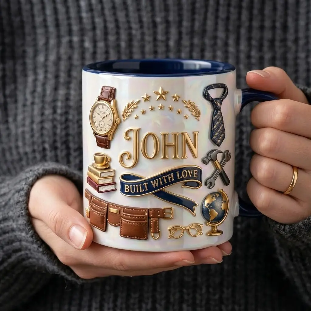 [Custom Name]Personalized Dad Ceramic Mug, Custom Built With Love Cup, Father Gift, Dad Energy Keepsake 2D Print 3D Effect 2D print 3D Effect
