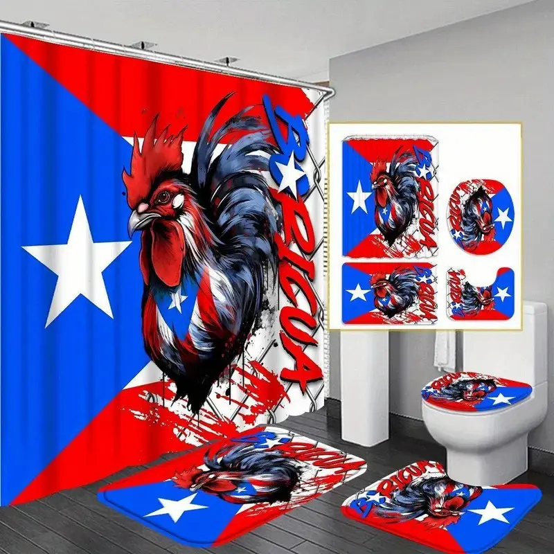 Puerto Rico pattern Aesthetic bathroom decor, 4-piece set, including shower curtain, toilet seat cover, rectangular bath mat, and U-shaped bath mat, bathroom accessories, Shower Curtain Sets