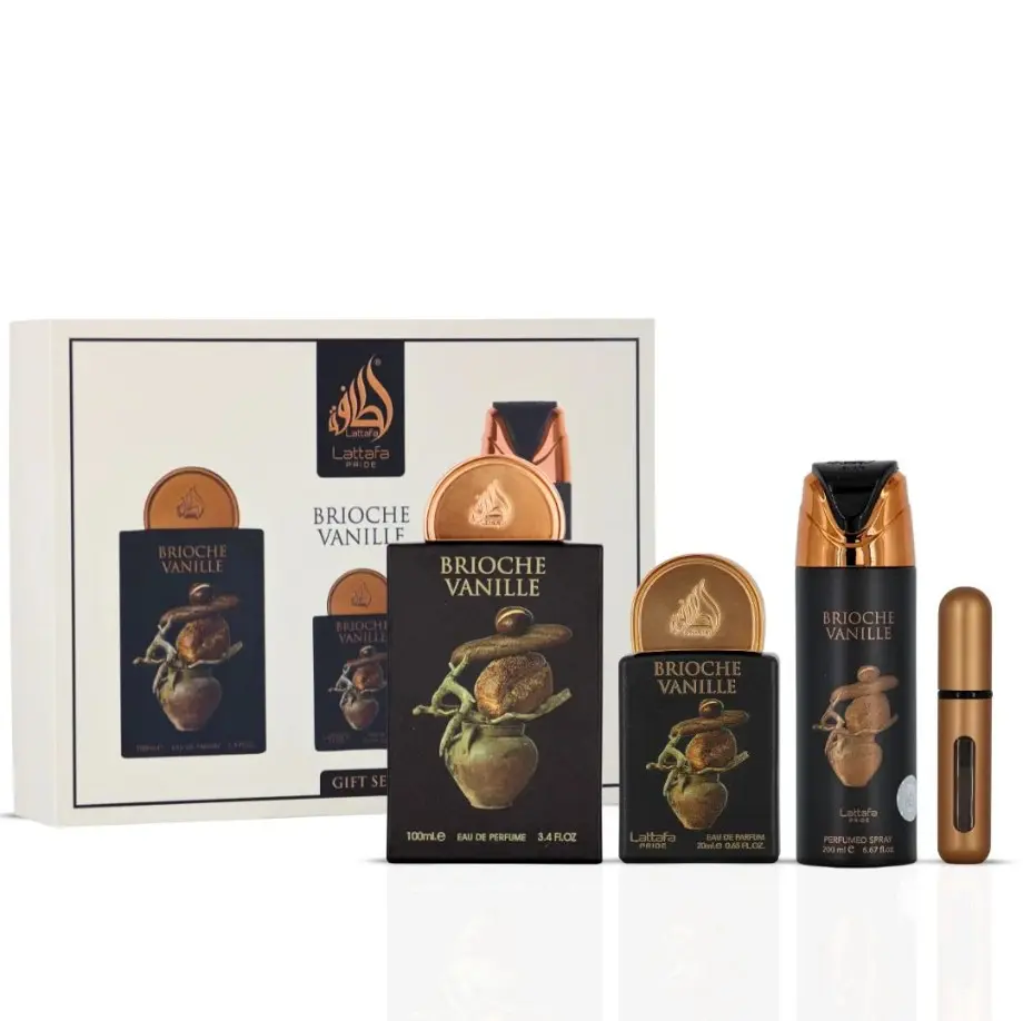 Lattafa Pride Brioche Vanille 3-Piece Unisex Eau de Parfum (EDP) Gift Set, Multi-Size, Gourmand Scent with Floral-Wooded Twist, Floral Scent Perfume for Warm Fragrance Experiences, Floral Scents, Floral Fruity Fragrance