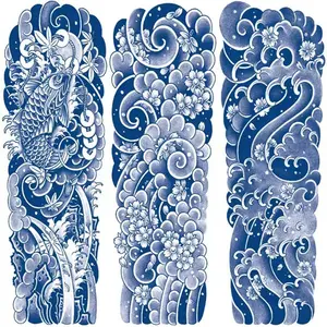 3 Sheets Waterproof Temporary Tattoo Stickers, Realistic Wave Flower Carp Design, Lasts 1-2 Weeks, Suitable for Men Women, Fake Tattoos