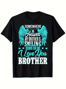 Men'S Smiling on Me Brother in Heaven Graphic T-Shirt Sm Crew Neck Short Sleeve Tee with Angel Wings Design Comfort Fit Casual Shirt for Father'S Day Christmas Remembrance Perfect for Casual Walk