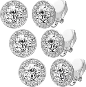 Rhinestone Earrings 3 Pairs Round Shaped Acrylic Stone Crystal Halo Stud Clip-On Earrings for Dance Competitions Stage Opera Wedding Jewelry Silver