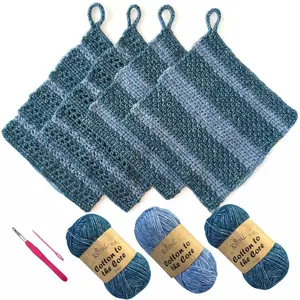 Everyday Joy Crochet Kit for Confident Beginners – Make 4 Reusable 7.5 x 7.5 in Dishcloths – with Cotton to The Core Yarn (#3 DK), Hook, Patterns & Video Tutorials (Jean Blue + Sky Blue)