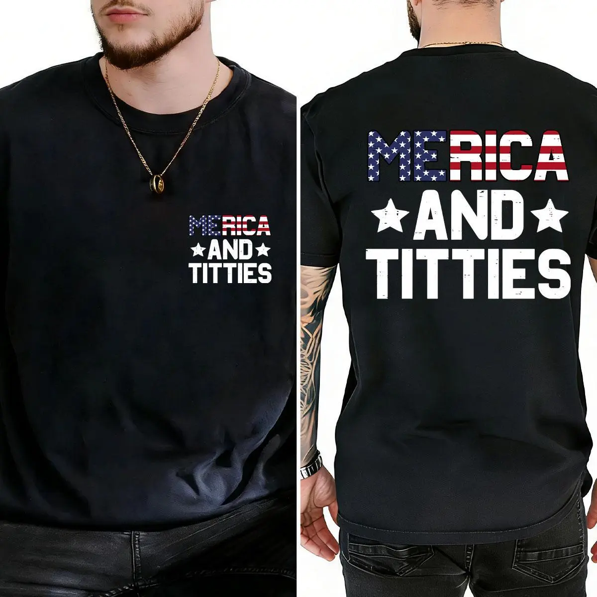 Merica And Titties Punk Printed Style T-Shirt Casual Cool Print Classic Crew Neck Made In USA For Women For Men [Block Core Threads cotton t-shirt/sweatshirt/hoodie, soft and comfortable]