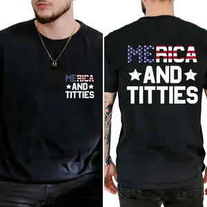 Merica And Titties Punk Printed Style T-Shirt Casual Cool Print Classic Crew Neck Made In USA For Women For Men [Block Core Threads cotton t-shirt/sweatshirt/hoodie, soft and comfortable]