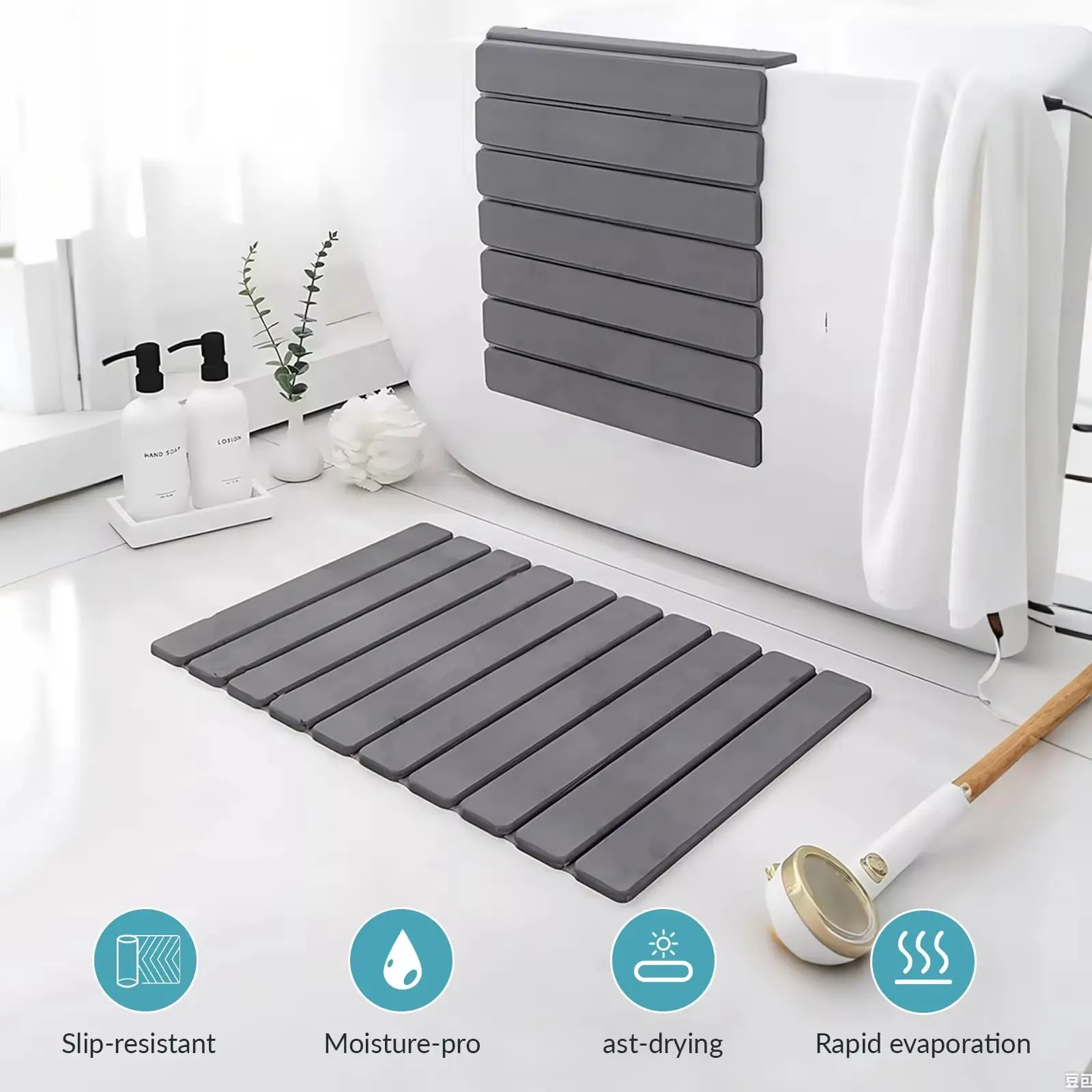 1-Piece Magic Diatomite Stone Bath Mat, Rectangle Compact Slatted Brushed Surface Hard Mat - Non-Slip, Quick-Drying, Water-Absorbent, Foldable All-Seasons Floor Pad for Bathroom Entrance, 23.6x15.5" Bathroom Decor