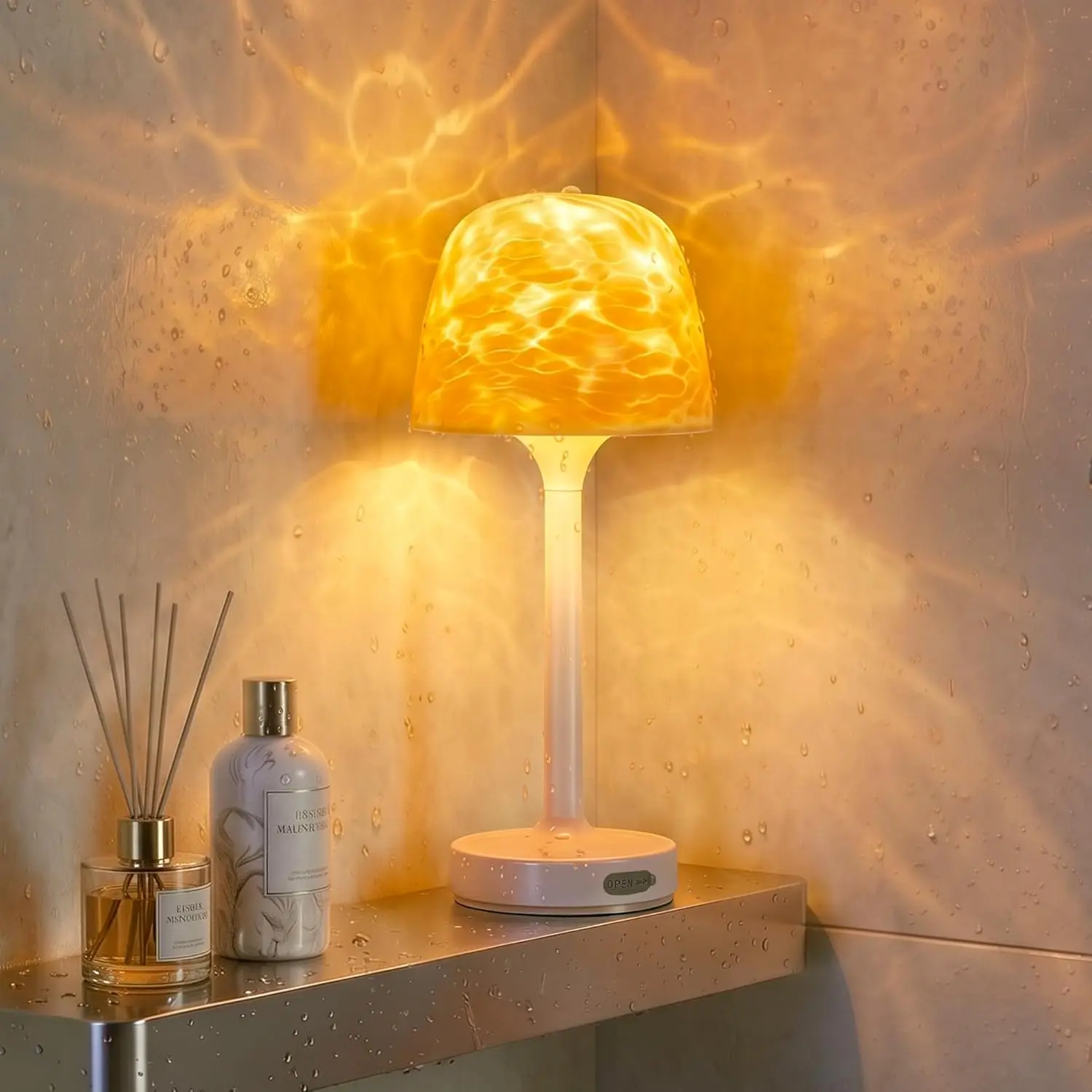 Ollny Spa-Like Shower Lamp, Waterproof Cordless Bathroom Light, Rechargeable Night Light, 16 Ocean Wave Projector, Remote Control Mood Light, Ambient Table Lamp for Bathtub, Shower, Bedroom