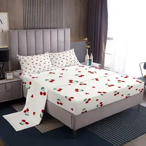 Feelyou Red Cherry Pattern Bedding Set - Cute Fruit Themed Sheets with Deep-Pocket Fitted Sheet, Lightweight Luxury Kawaii Cartoon Textile Linens Set