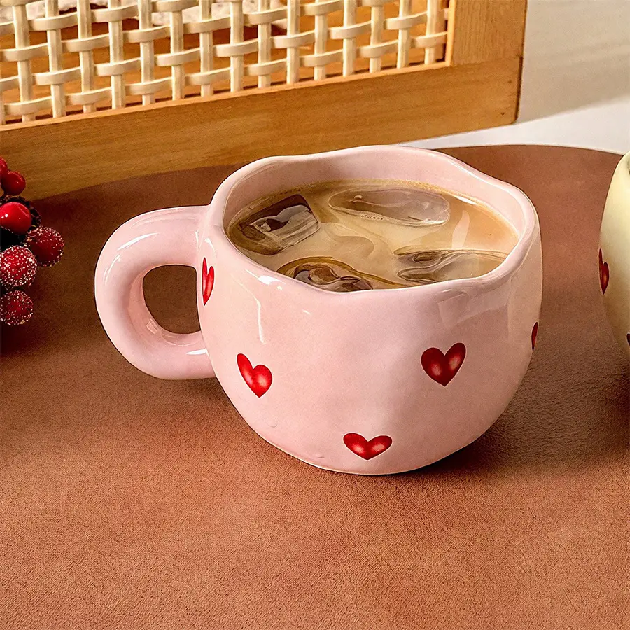 Heart Pattern Ceramic Mug, 1 Count 7.4oz Coffee Mug, Tea & Milk Mug, Beverage Mug, Sweet Camping Cup, Ideal Gift for Home & Office, Drinkware, Ceramic Printed Drinkware, Ceramic Coffee Mugs, Drinking Cup
