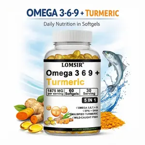 Triple Omega 3 6 9 Supplement Plus Turmeric Curcumin, DHA & EPA, Fish Oil Supplements for Brain & Heart Health Support, Advanced Absorption, 60 Softgels