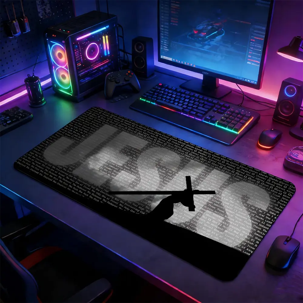 JESUS Text & Cross Silhouette Large Gaming Mouse Pad for Laptop, Non-Slip Mousepad with Rubber Base, Stitched Lock-Edge Desk Mat, Mouse Pads for Desk, Devotional Religious Art Design, Durable for Home & Gaming Setup, Gift for Faith & Christian Fans