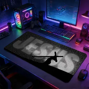 JESUS Text & Cross Silhouette Large Gaming Mouse Pad, Non Slip Mousepad, Non-Slip Rubber Base Stitched Lock Edge Desk Mat, Devotional Religious Art Design, Durable for Home & Gaming Setup, Gift for Faith & Christian Fans