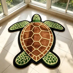 Summer Ocean Turtle Shape Rug, Fun Unique Bedroom Bedside Carpet, Non-Slip Mat, Bathroom Rug for Living Room, Balcony, Closet, Washable Area Rug