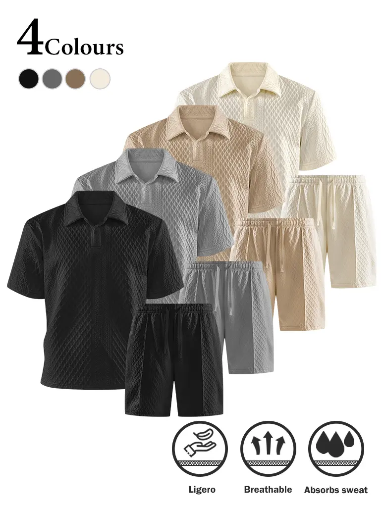 Men's 2-Piece Golf Sports Set, Solid Color Textured Short Sleeve Polo Shirt Outfit for Golf Play, Short Sleeve Tops, Set Pack, Solid Colors, Golf Wear