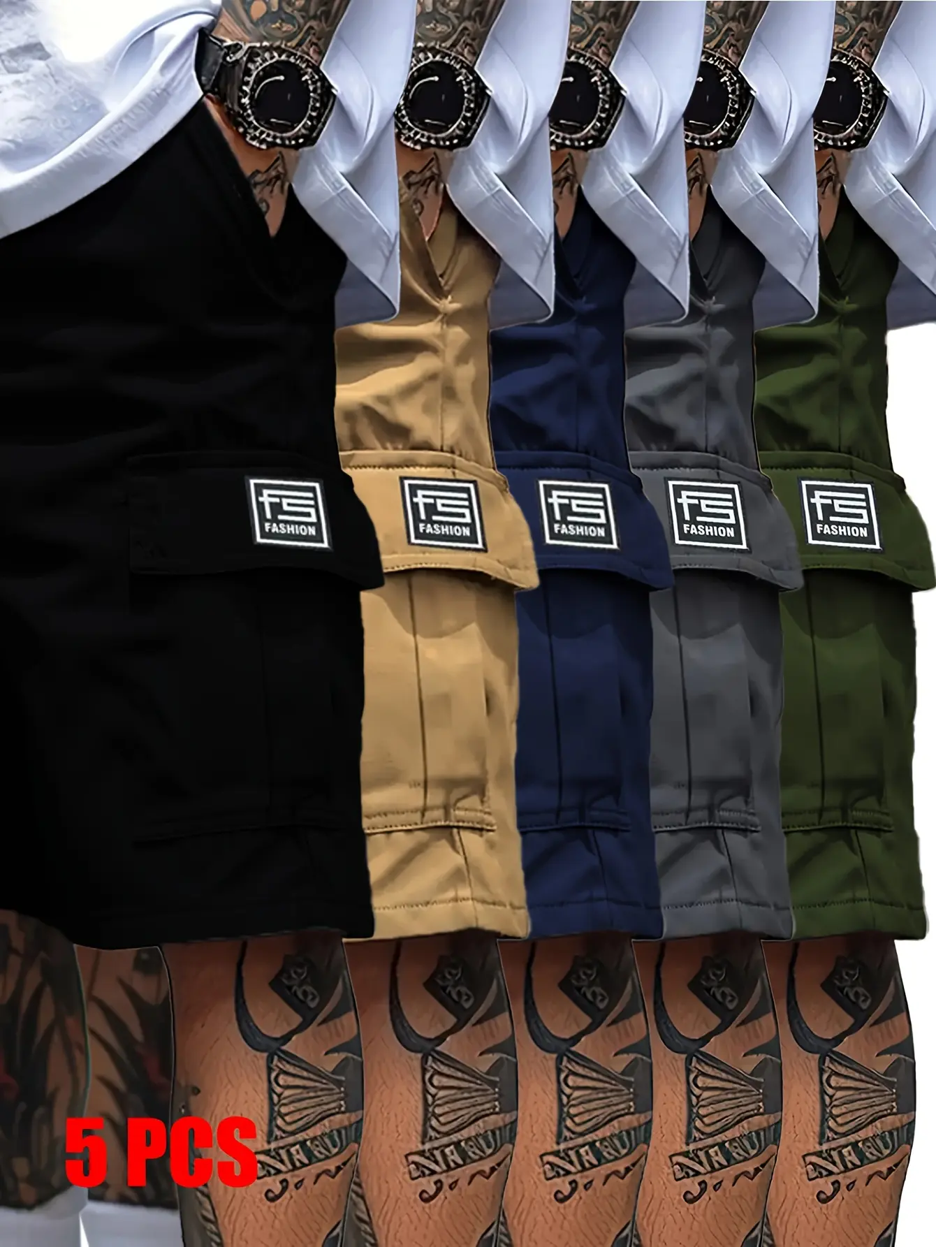 Men's Polyester Mid Waist Cargo Shorts (5-Pack), Thick Fabric Basic Look Bottoms with Straps, Trendy Woven Labels, Multiple Ample-Storage Pockets, Black, Men's Shorts, Multiple Pockets