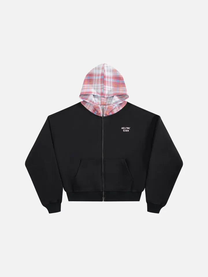 Aelfric Eden Boxy Plaid Hood Zip Up Hoodie Oversized Boxy Cropped Fit Plaid Hood Panel Full Zip Closure Soft Fabric Retro Preppy Streetwear Unisex Top