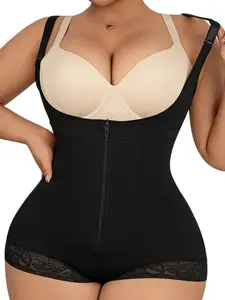 1 Count Women's Waist Contouring Body Shaperwear, Colombian Shapewear, Front Zipper Body Shaper, Fajas, Lace Trim Hem Jumpsuit, Contouring Form-Fitting Bodysuit, Bottom Hook Closure Shapewear, Suitable For Daily Commute And Office Wear
