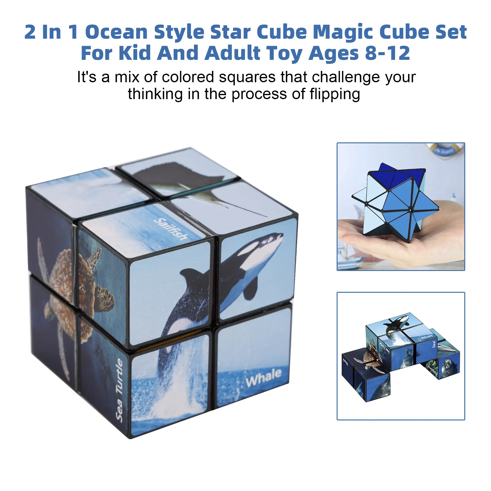 2-In-1 Ocean-Style Star Cube Magic Cube Set, Vibrant Sticker Puzzle Toy, Portable Relax & Stress Relief Car Activity for Kids Ages 8-12