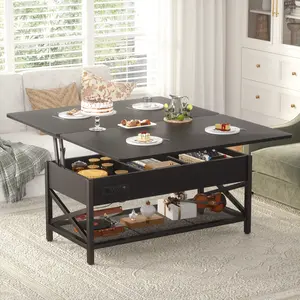 Multifunctional Lift Storage Coffee Table with Hidden Storage, Flexible Coffee Table with LED Lights and Charging Station for Modern Living Space