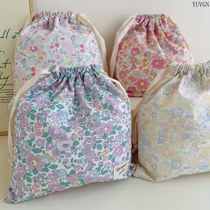 Vintage Floral Drawstring Pouch for Students, Multi-Purpose Cotton Storage Bag, Inner Organizer for Lingerie & Cosmetics, Portable Travel & Daily Use Pouch