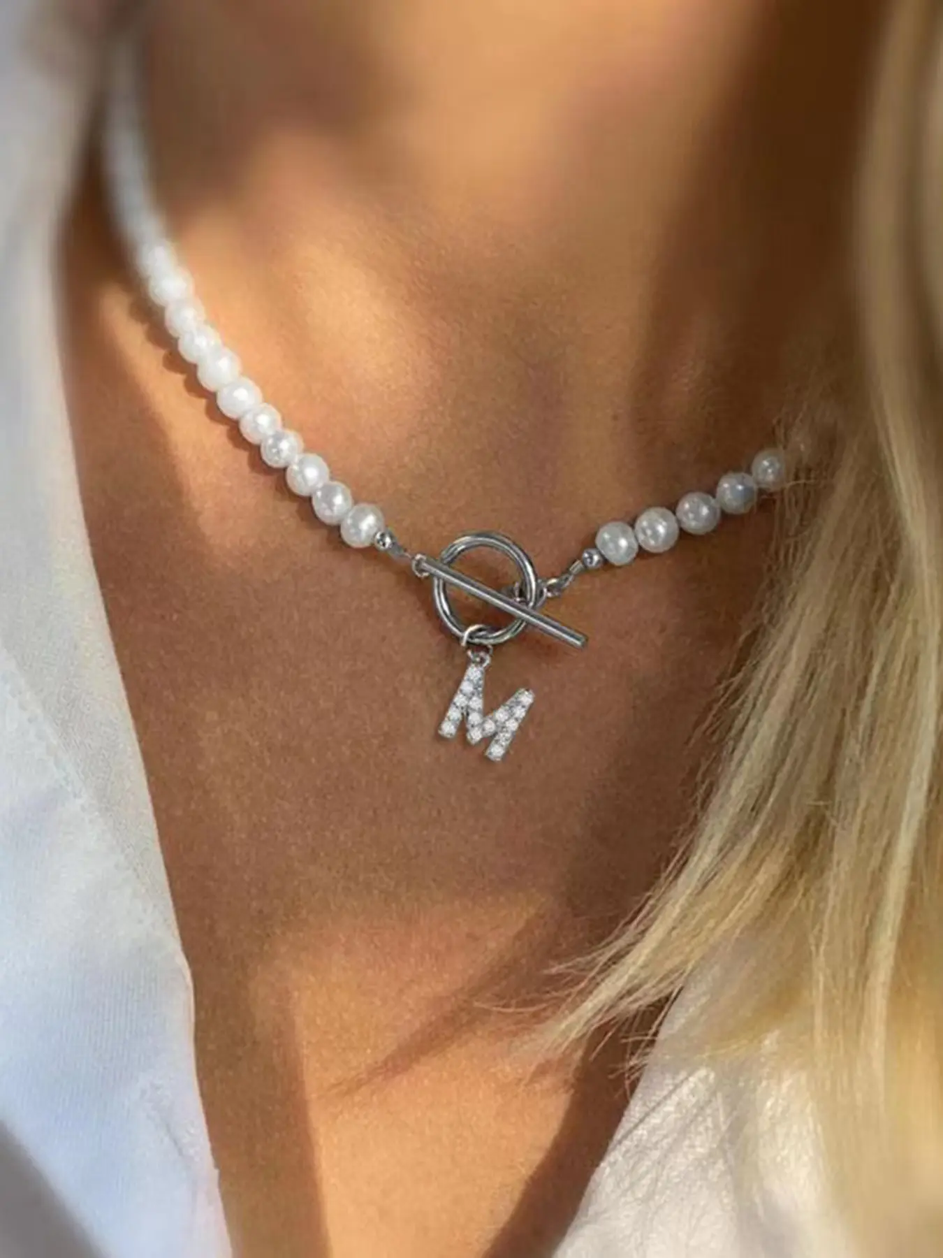 1Pcs Silvery Pave Zirconia Initial Necklace Personalized Initials Alphabet Letter Necklace Women Vintage Simple Stainless Steel Toggle Clasps Artificial Pearl Beaded Necklace For Women Dainty Initial Necklaces