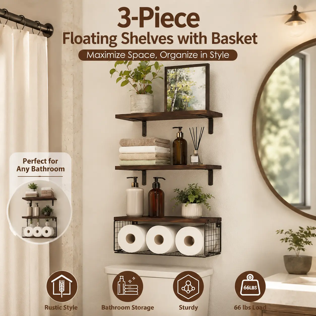 3-Piece Rustic Wall-Mount Floating Shelves with Wire Basket, 66lbs Load Over-The-Toilet Bathroom Organizer, Bathroom Accessories & Bathroom Decor Set, Toilet Paper Holder, Wall Decor Shelves for Storage Organization,   storage organization
