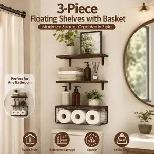 3-Piece Rustic Wood-Metal Wall-Mount Floating Shelves with Wire Basket, 66lbs Load Over-The-Toilet Organizer, Bathroom Organization Solution, Toilet Rack, Wall Decor for Supplies, Apartment Accessory