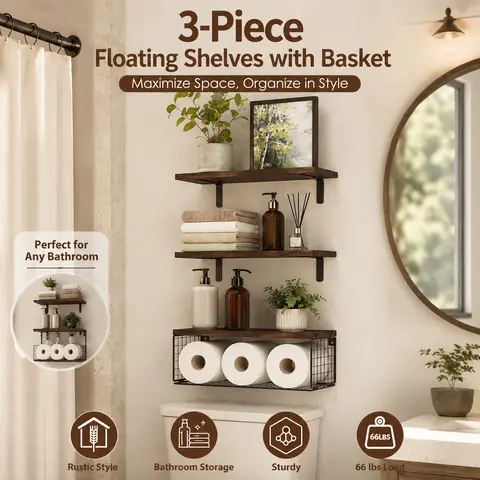 Matte Black Farmhouse 3-Piece Rustic Wooden-Metal Wall-Mount Floating Shelf Set with Wire Basket, 66lbs Load Over-The-Toilet Bathroom Storage Organizer with Toilet Paper Holder, Durable Bath Decor, Apartment Accessories