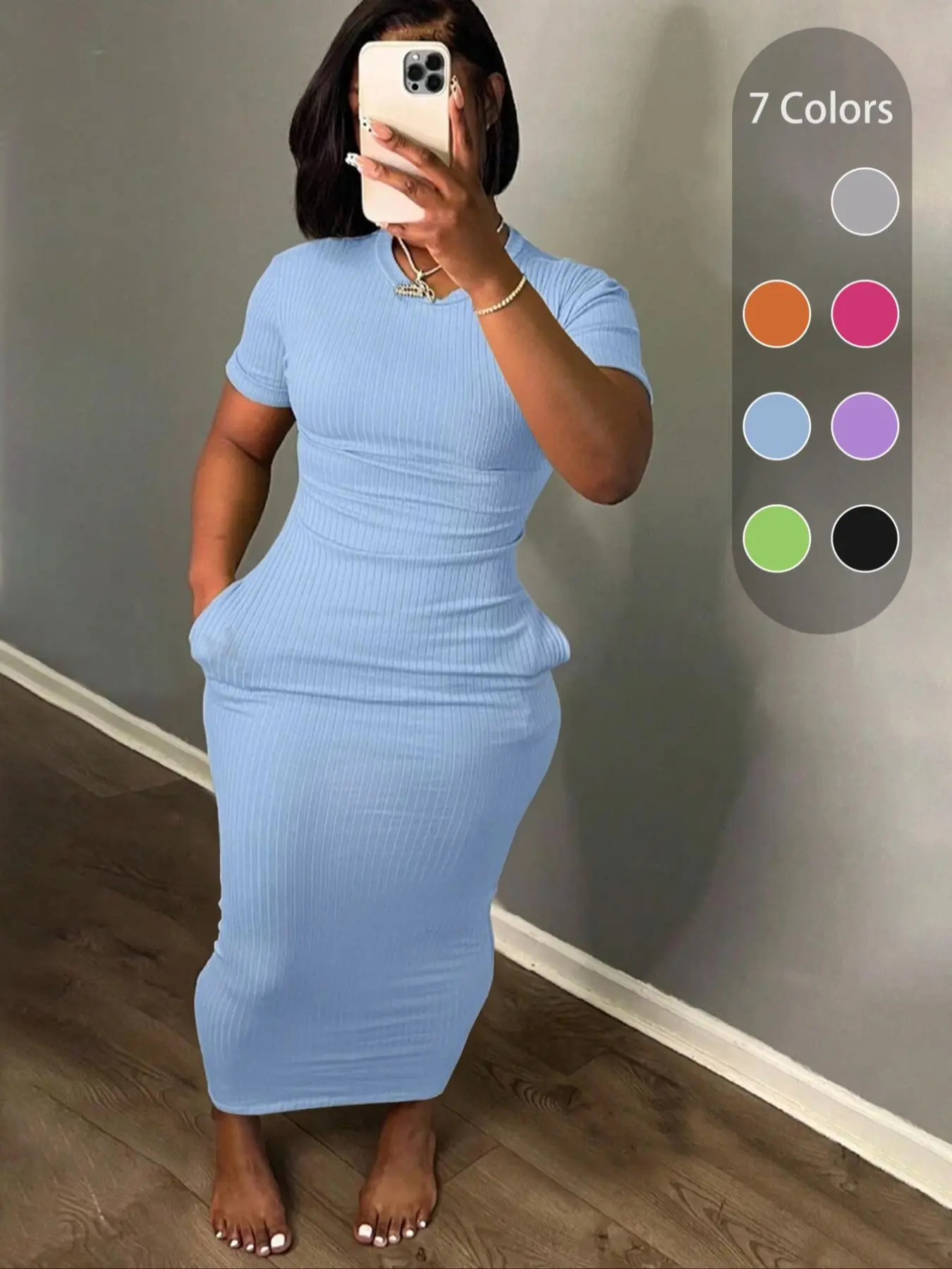 Plus Size Plain Pocket Round Neck Bodycon Fit Dress, Casual Aesthetic Short Sleeve Ribbed Long Dress for Summer, Women's Clothes for Daily Wear, Womenswear