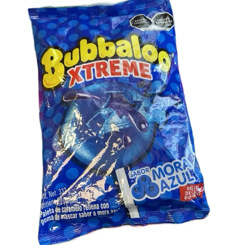 Bubbaloo Xtreme Mora Azul 20 PCS Caramelos Rellenos con Goma de Mascar Sabor a Mora Azul 332g